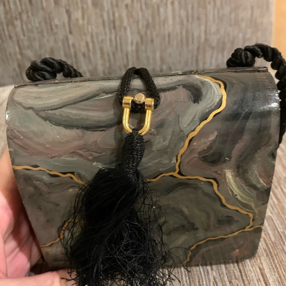 Vintage EUC Timmy Woods MINI wood shoulder bag purse gray/gold - Picture 6 of 8